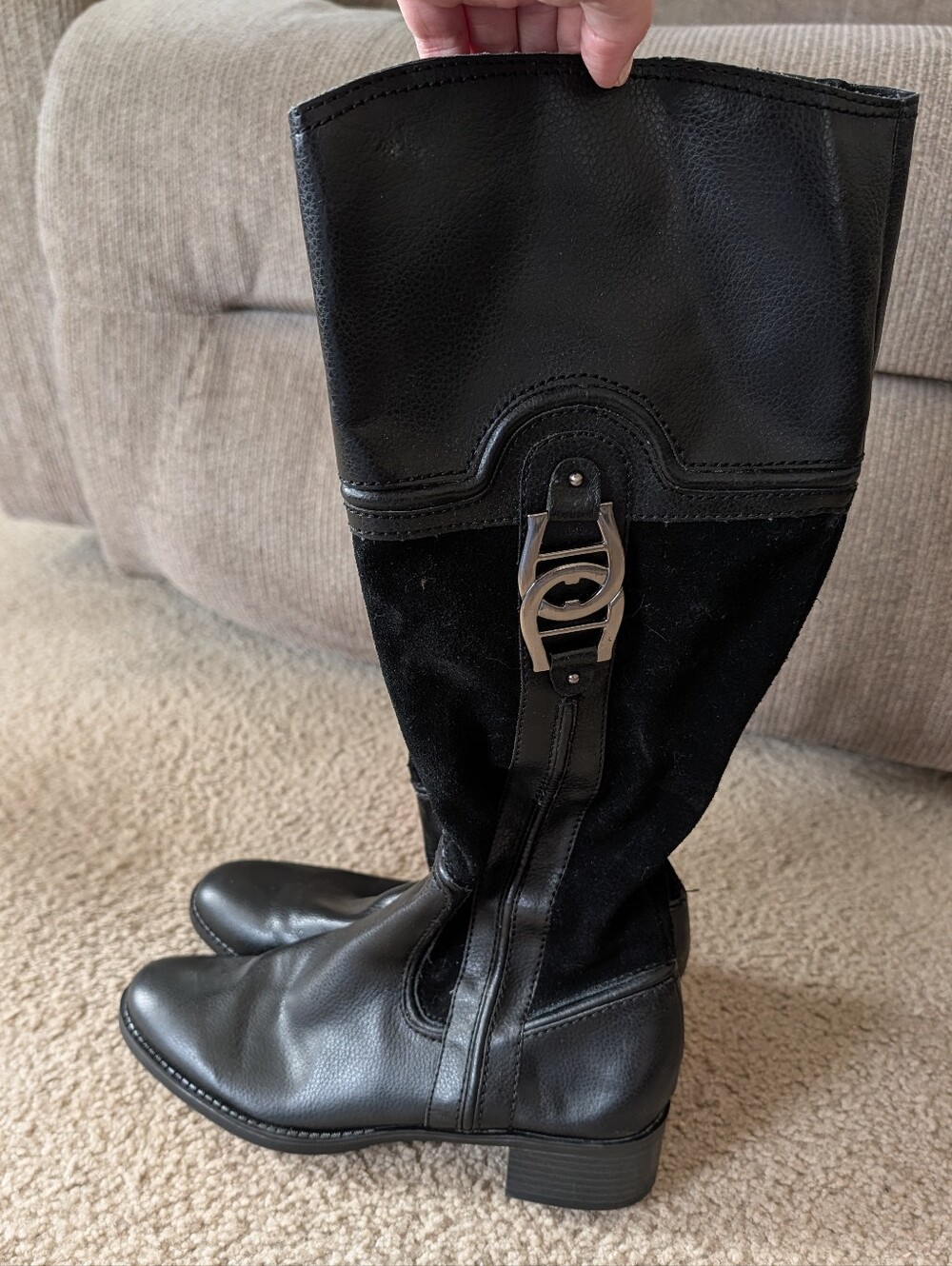 Etienne Aigner Black Tall Leather & Suede Boots with Silver Buckle